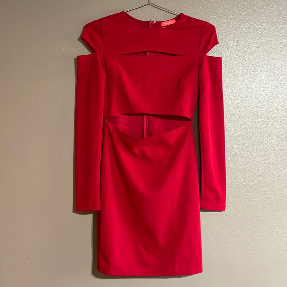 Banjul- sexy red long sleeve midi dress, cold shoulder, bust & stomach cut outs